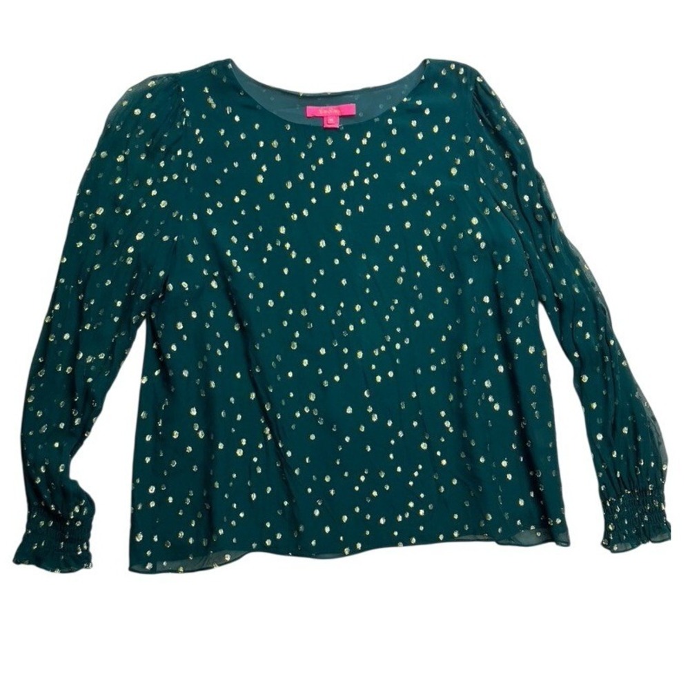 Lilly Pulitzer Teal Green Blouse with Gold Dot Print